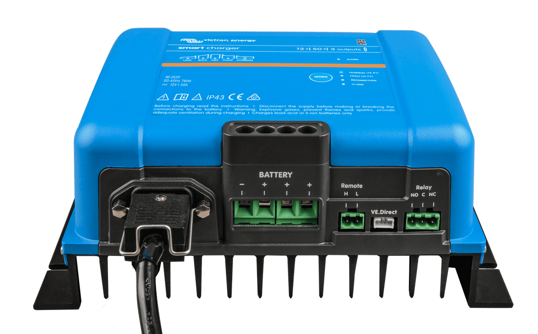 Smart IP43 Charger 12V 50A 3 outputs front-angle