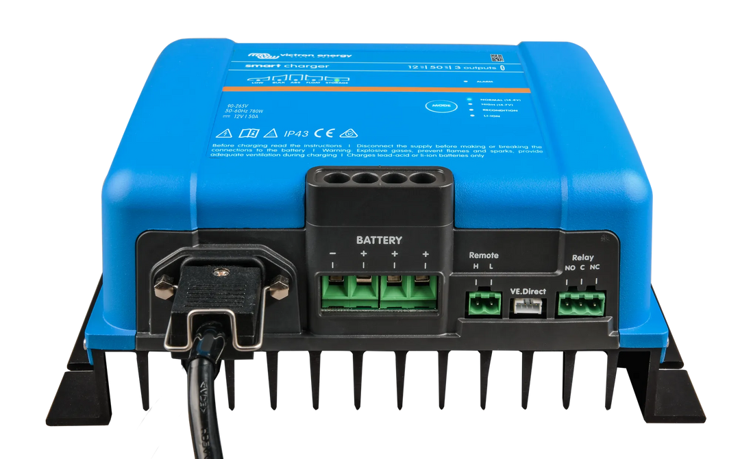 Smart IP43 Charger 12V 50A 3 outputs front-angle 1