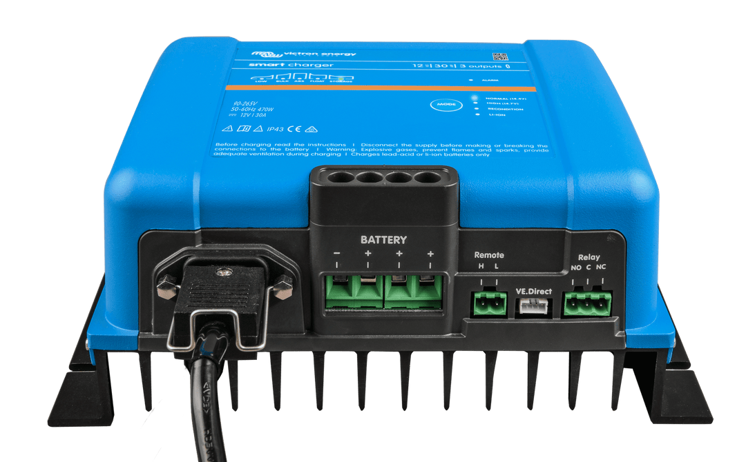 Smart IP43 Charger 12V 30A 3 outputs front-angle 1